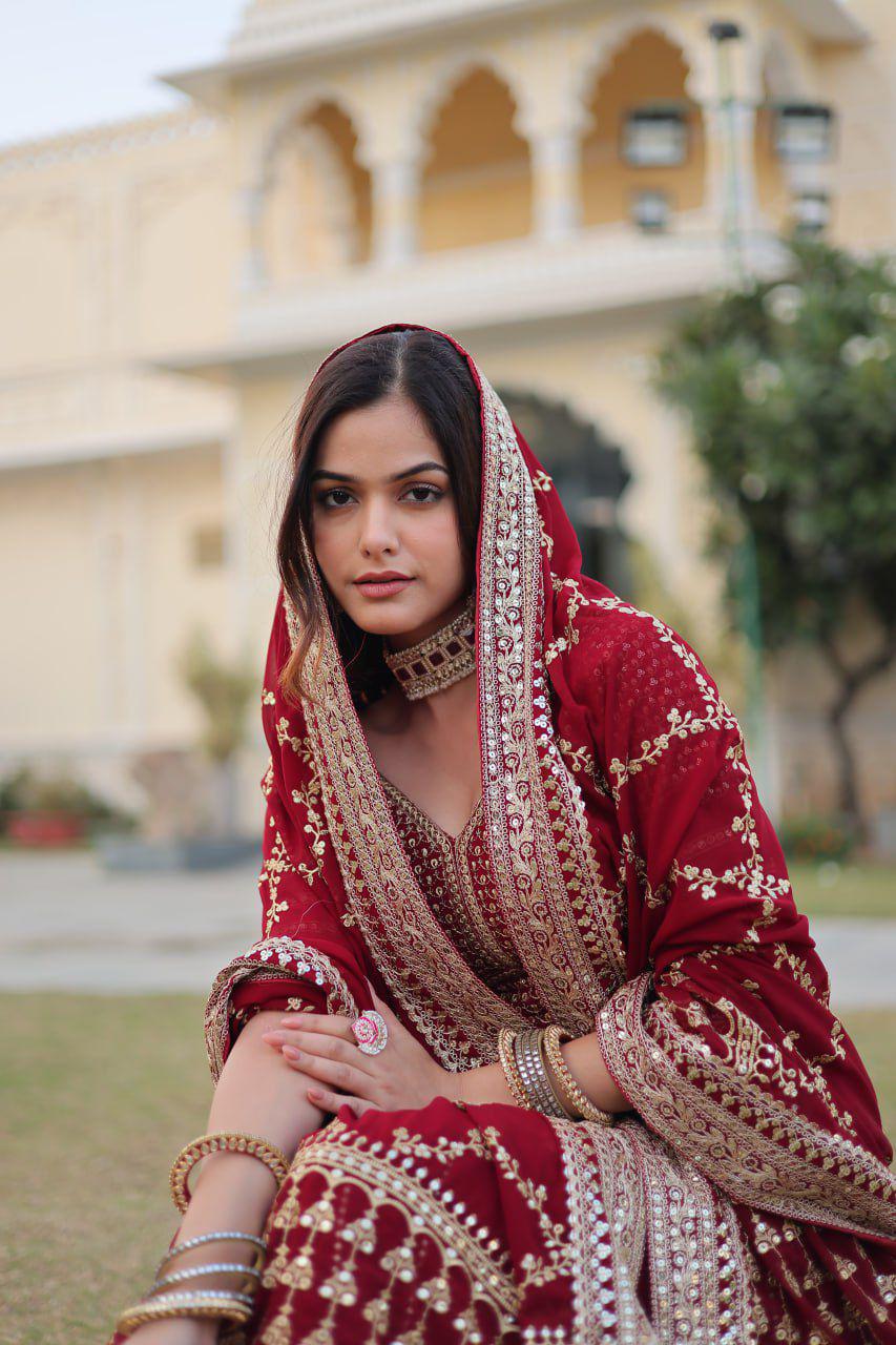 Red Opulent Zari Bloom Lehenga Choli Set for Bridesmaid, Wedding , Navratri