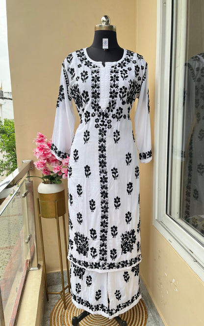 Black and White Lucknow Chikankari Handmade Long Kurti Palazzo Set