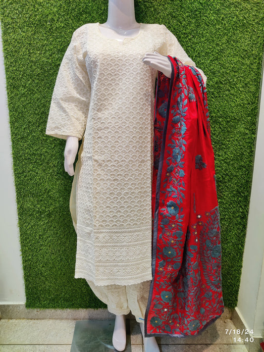 Design 5 - Chikankari Kurti with Chikan Afghani and Handworked Super Champ Raw Silk Handcrafted Dupatta