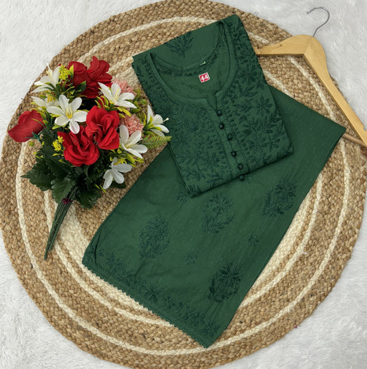 Green Lucknowi Chikankari Ghas Patti Handwork Dobby Cotton Kurti Palazzo Set with Lace and Kureshiya Buttons