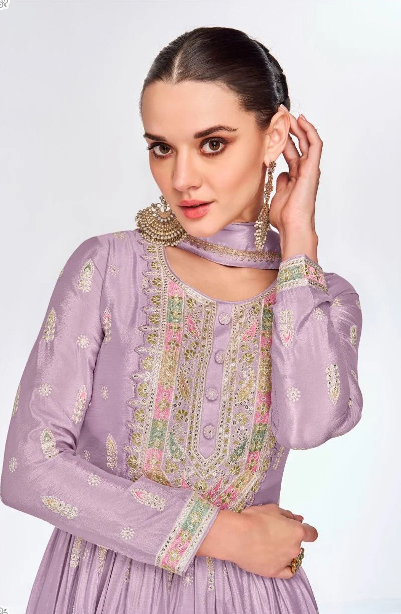 Premium Lavendar Party Wear Long Kurti Palazzo Dupatta Set