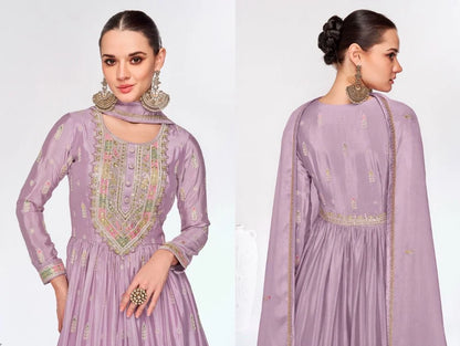 Premium Lavendar Party Wear Long Kurti Palazzo Dupatta Set