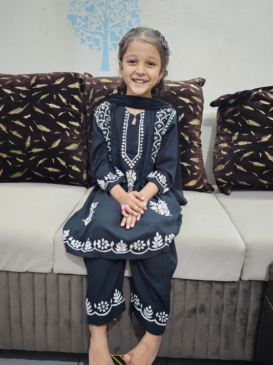 Black Karachi Dreams: Chikankari A-Line Frock Set for Kids