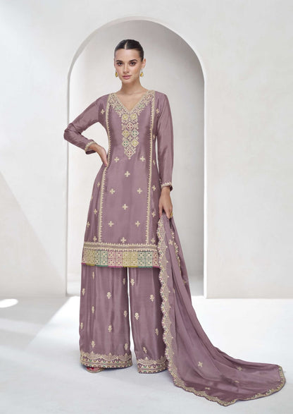 Lavendar Premium Chinnon Silk Party Wear Kurta Palazzo Dupatta Set