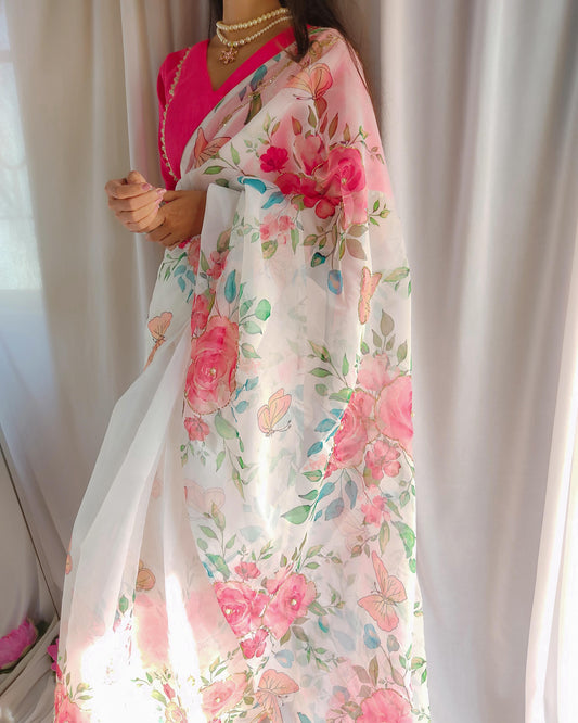 Floral Whispers: Soft Organza Saree with Handcrafted Print Touch