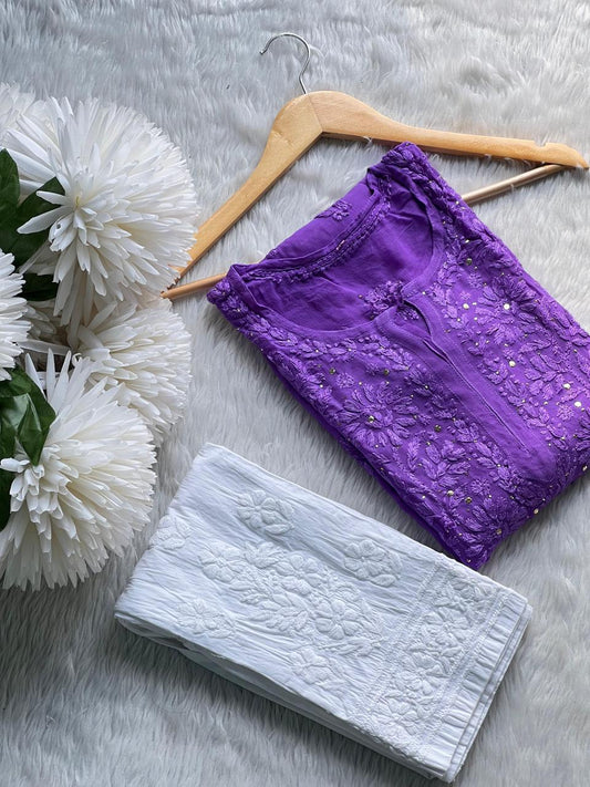 Purple Elegance Vibe 3D Viscose Kurti & Fancy Work Pant Set