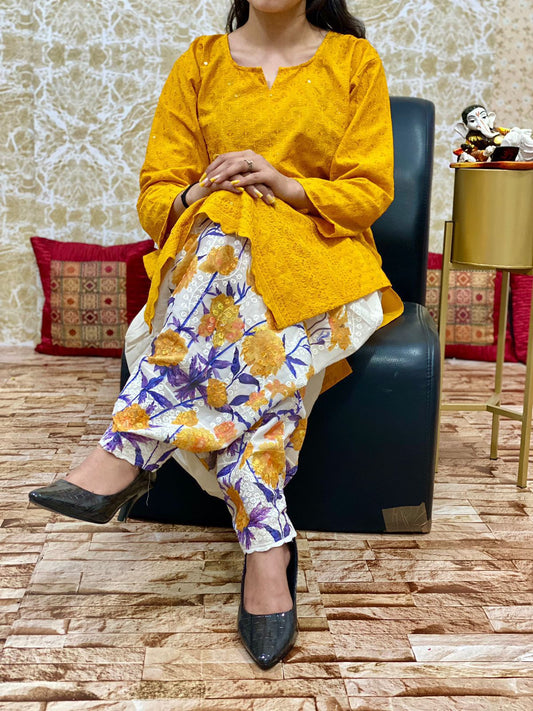 Yellow Chikan Kurti with Digital Patiala Salwar Set