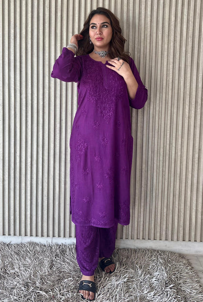 Dark Purple Lucknow Chikankari Rayon Kurta Palazzo Co-ord Set with Tone-to-Tone Hand Embroidery