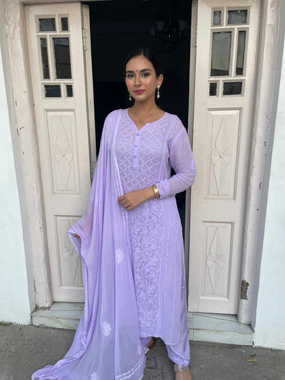 Lavendar Chikankari Pure Viscose Kurti 4-Piece Set