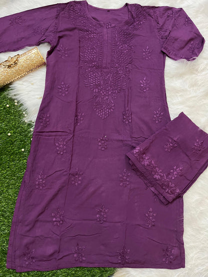 Wine Premium Lucknow Chikankari handwork Modal Palazzo Set