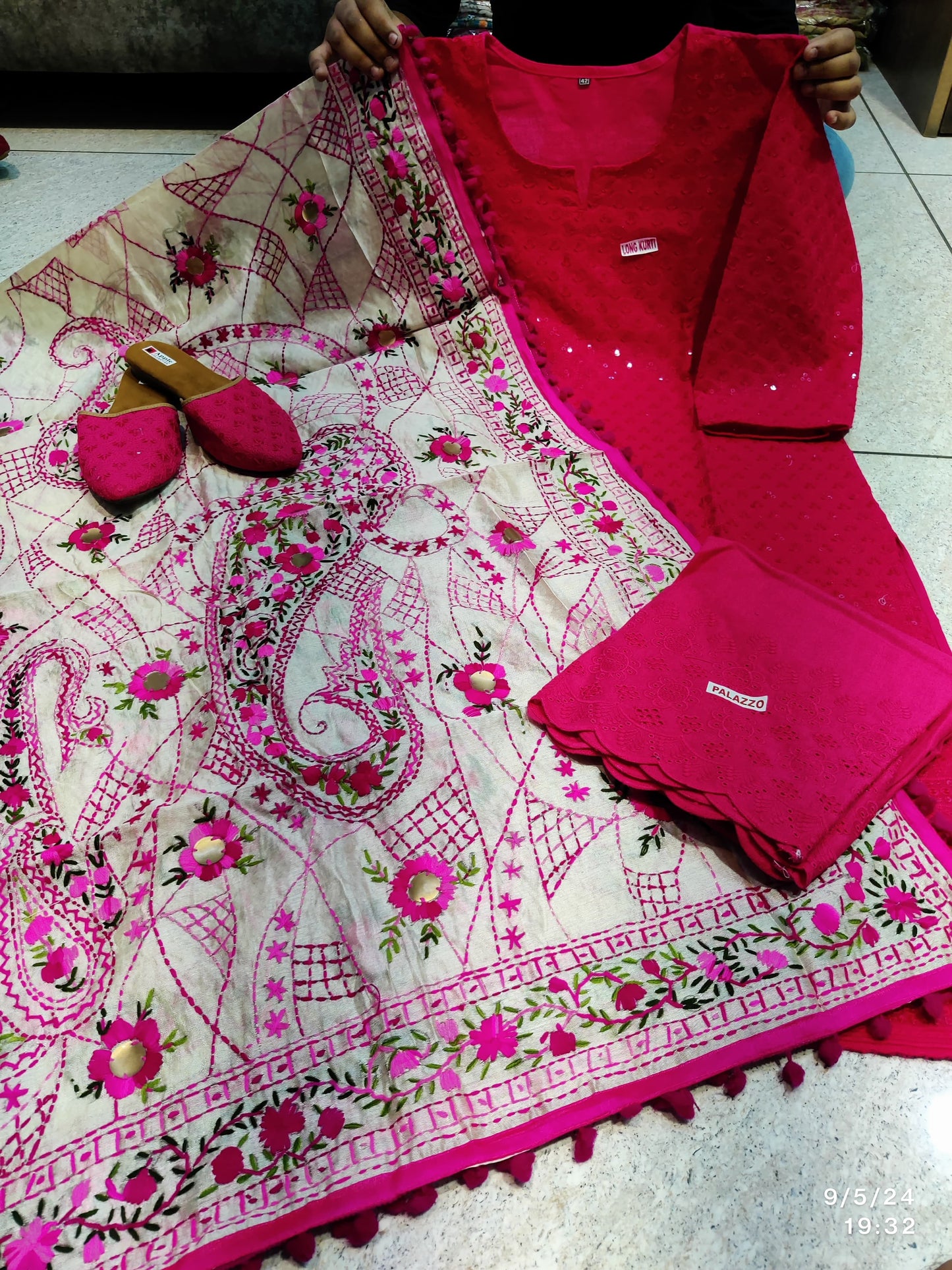 Red Pink 4-Piece Punjabi Kurta Salwar Set with Phulkari Mirror Work Dupatta and Jutti