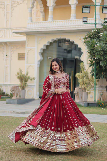 Red Opulent Zari Bloom Lehenga Choli Set for Bridesmaid, Wedding , Navratri