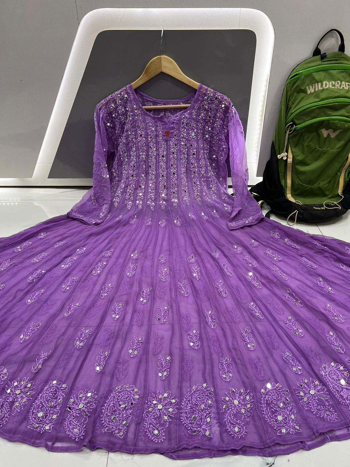 Purple 56 Kali Dye Mirror Lucknowi Chikankari Anarkali Kurta Up to 4XL