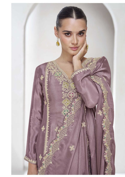 Lavendar Premium Chinnon Silk Party Wear Kurta Palazzo Dupatta Set