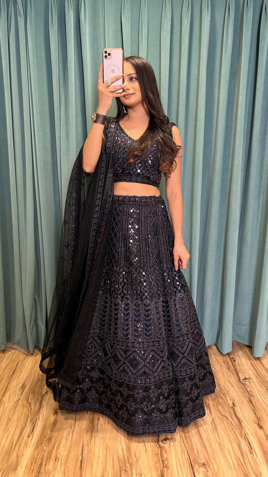 Black Net Lehenga Choli with Dori & Sequins Work