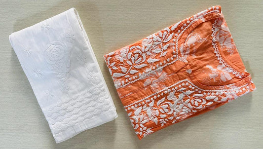 Peach and White Elegant Chikankari MulMul Print Set Top and Pant