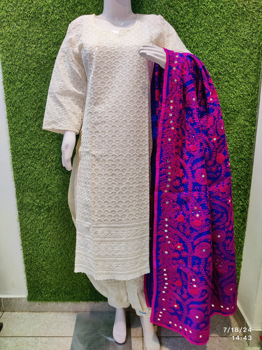 Design 3 - Chikankari Kurti with Chikan Afghani and Handworked Super Champ Raw Silk Handcrafted Dupatta