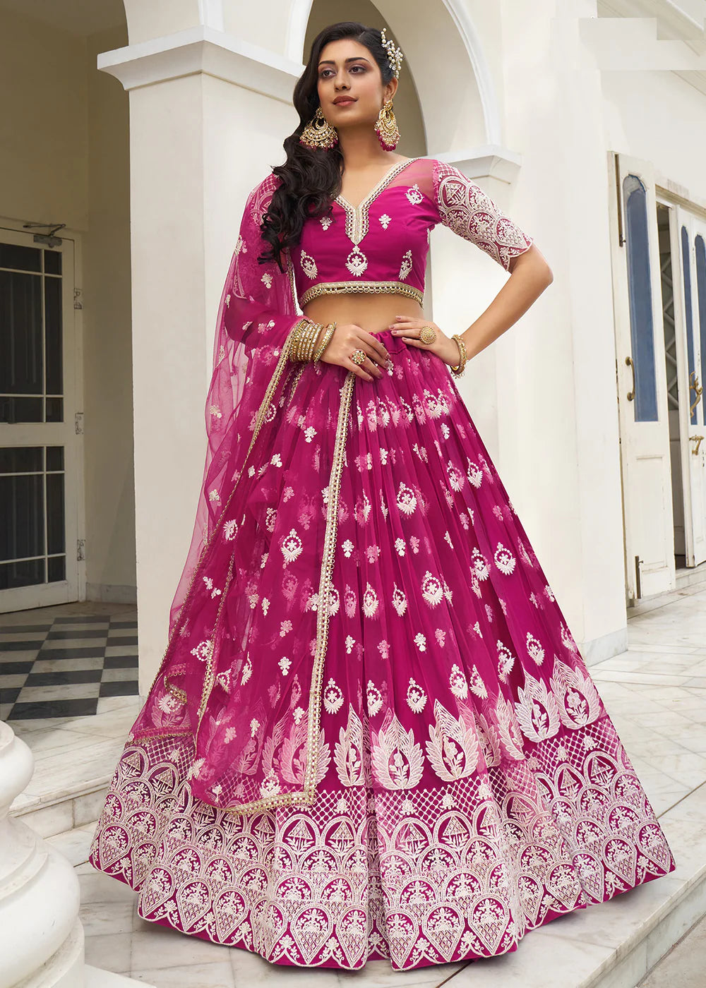 Pink Net Embroidered Wedding Lehenga Choli