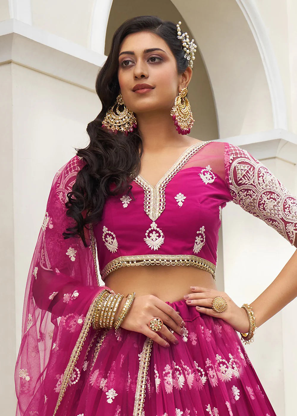 Pink Net Embroidered Wedding Lehenga Choli