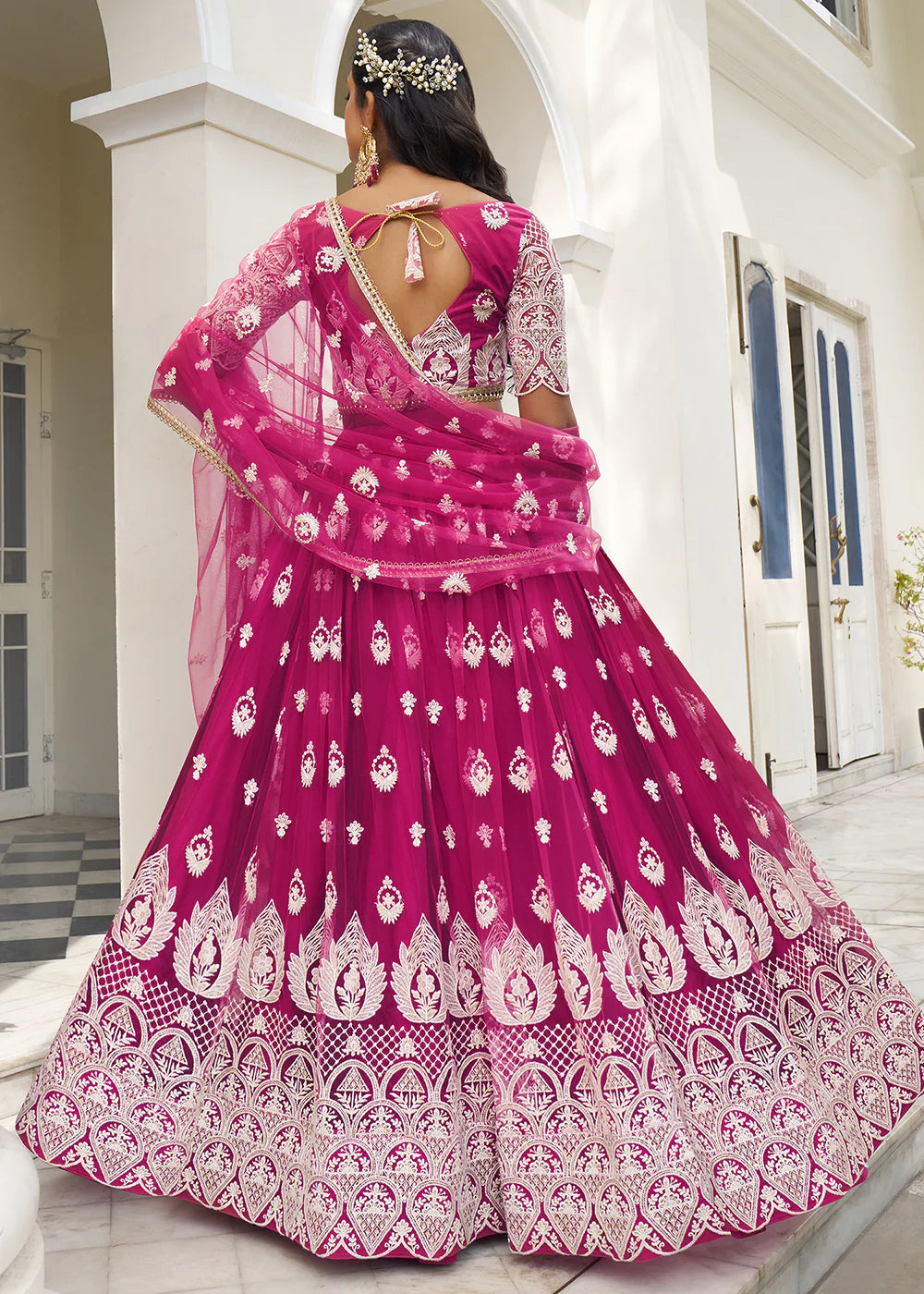 Pink Net Embroidered Wedding Lehenga Choli