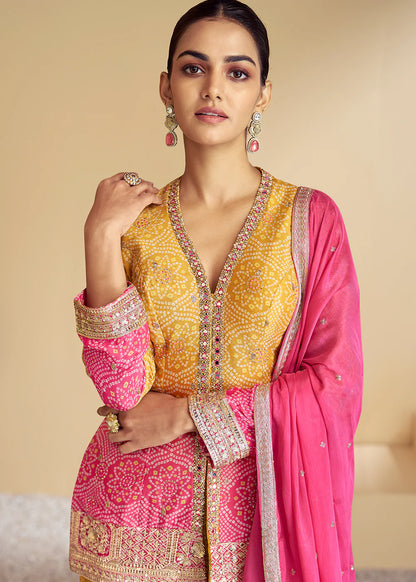 Pink yellow Premium Ombre Gharara Salwar Kameez with Dupatta