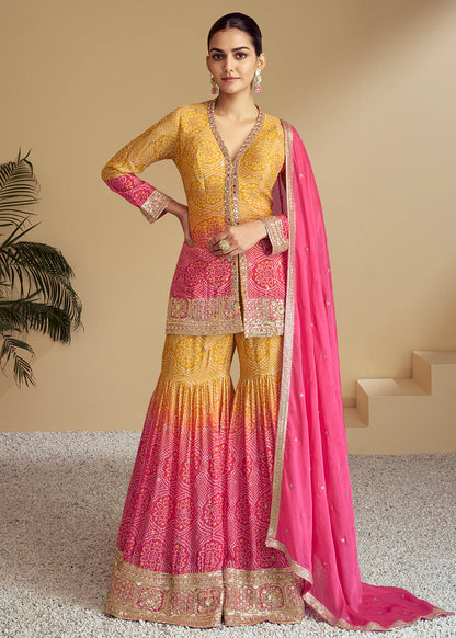 Pink yellow Premium Ombre Gharara Salwar Kameez with Dupatta