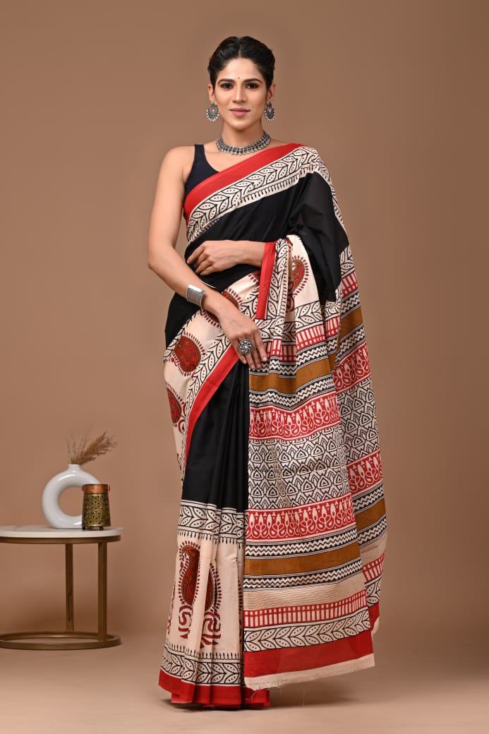 Black Red Ajrakh Cotton Mul Handblock Print Saree with Ready-to-Wear Blouse Set