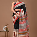Black Red Ajrakh Cotton Mul Handblock Print Saree with Ready-to-Wear Blouse Set