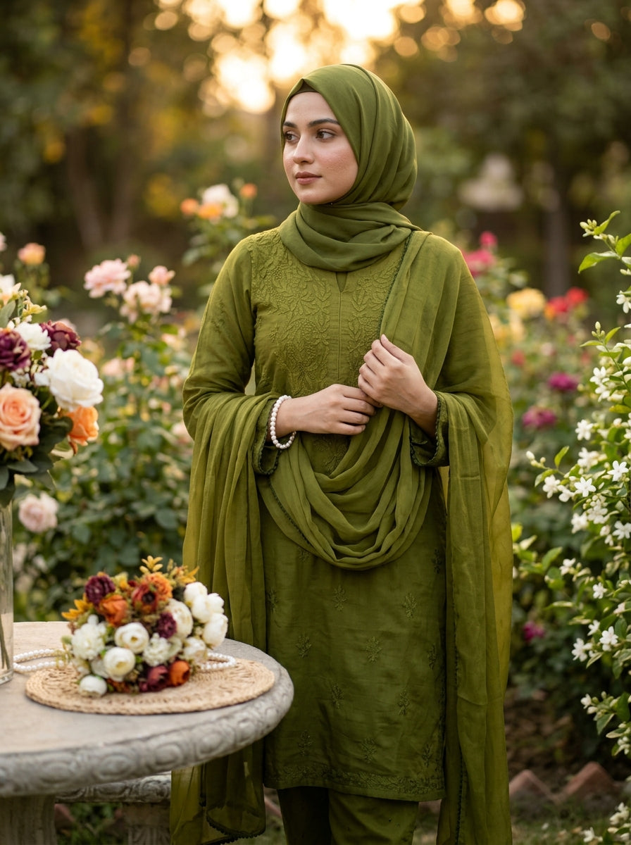 Olive Ombre Handcrafted Lucknow Chikankari Rayon 3-Piece Set Plus Sizes