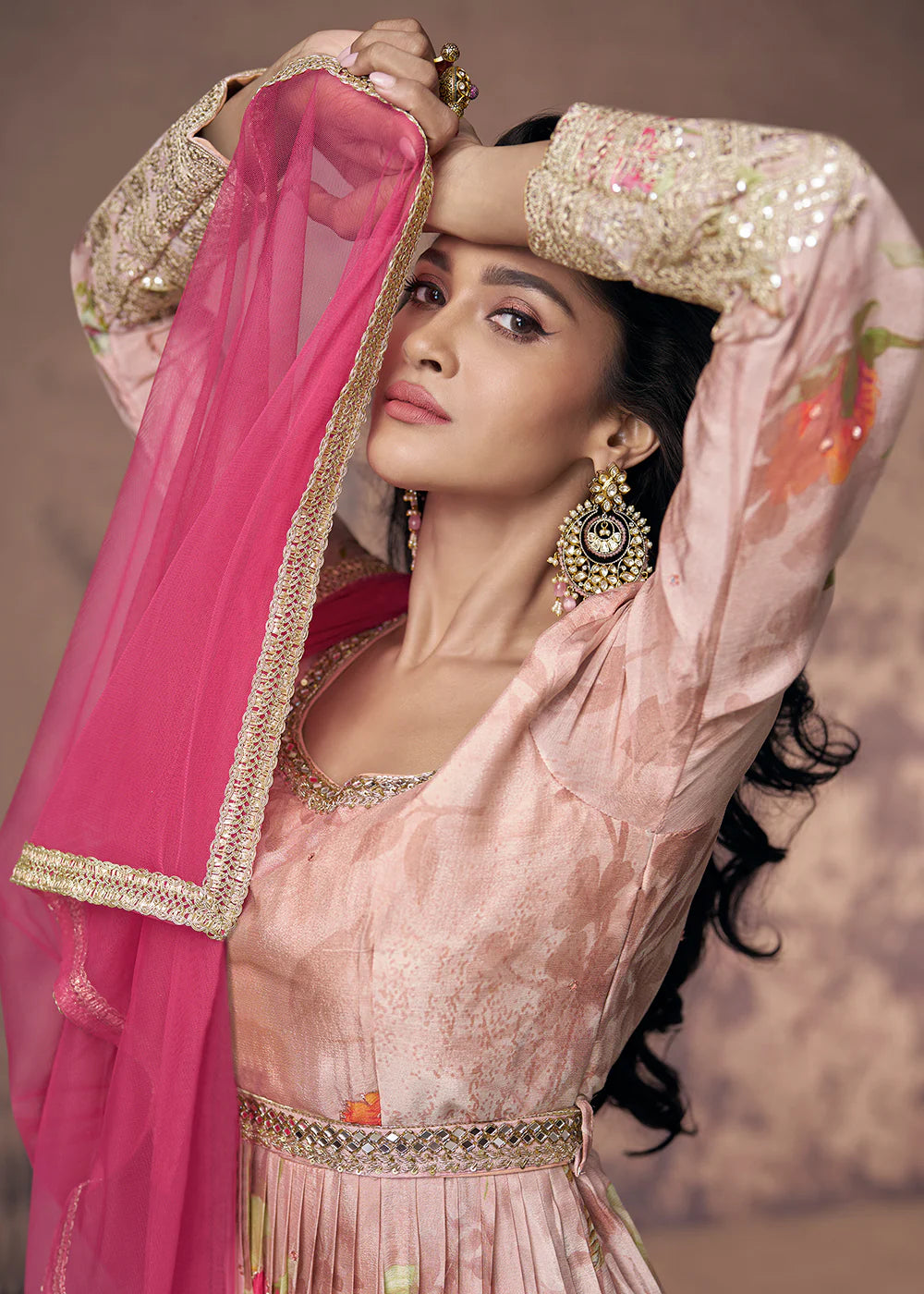 Pink Zari Embroidered Anarkali Gown with Digital Print & Net Dupatta