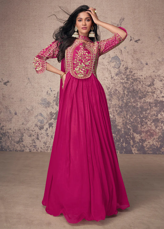 Pink Designer Art Silk Embroidered Anarkali Suit – Wedding & Festive Outfit