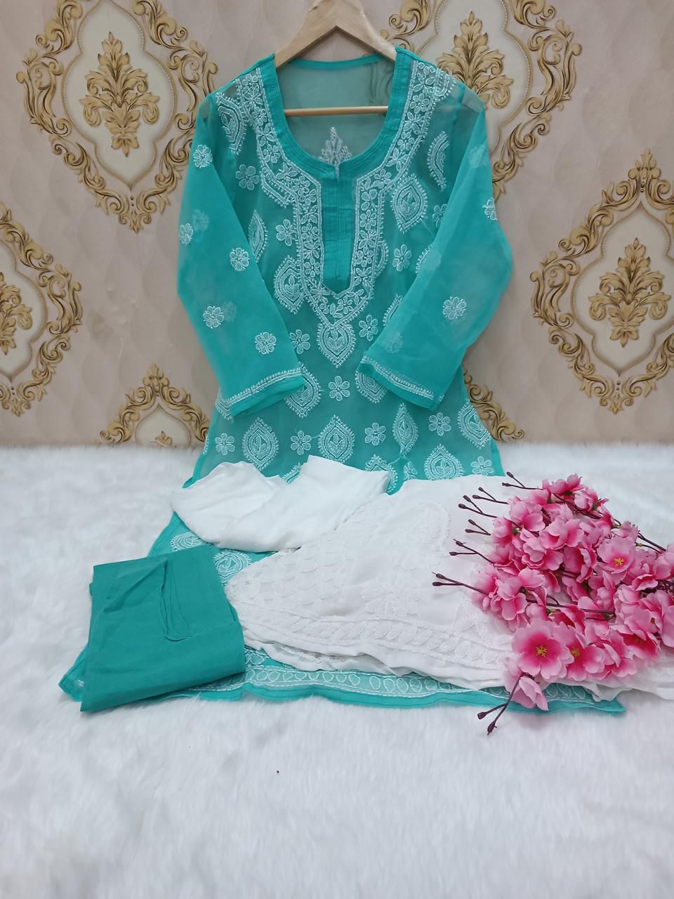 Aqua Green Lucknawi Chikankari Georgette Full Jaal Sharara 4 Pc Set