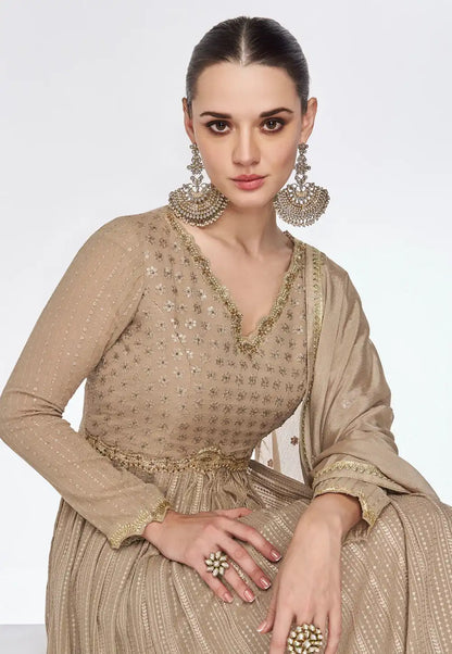 Premium Beige Party Wear Long Kurti Palazzo Dupatta Set