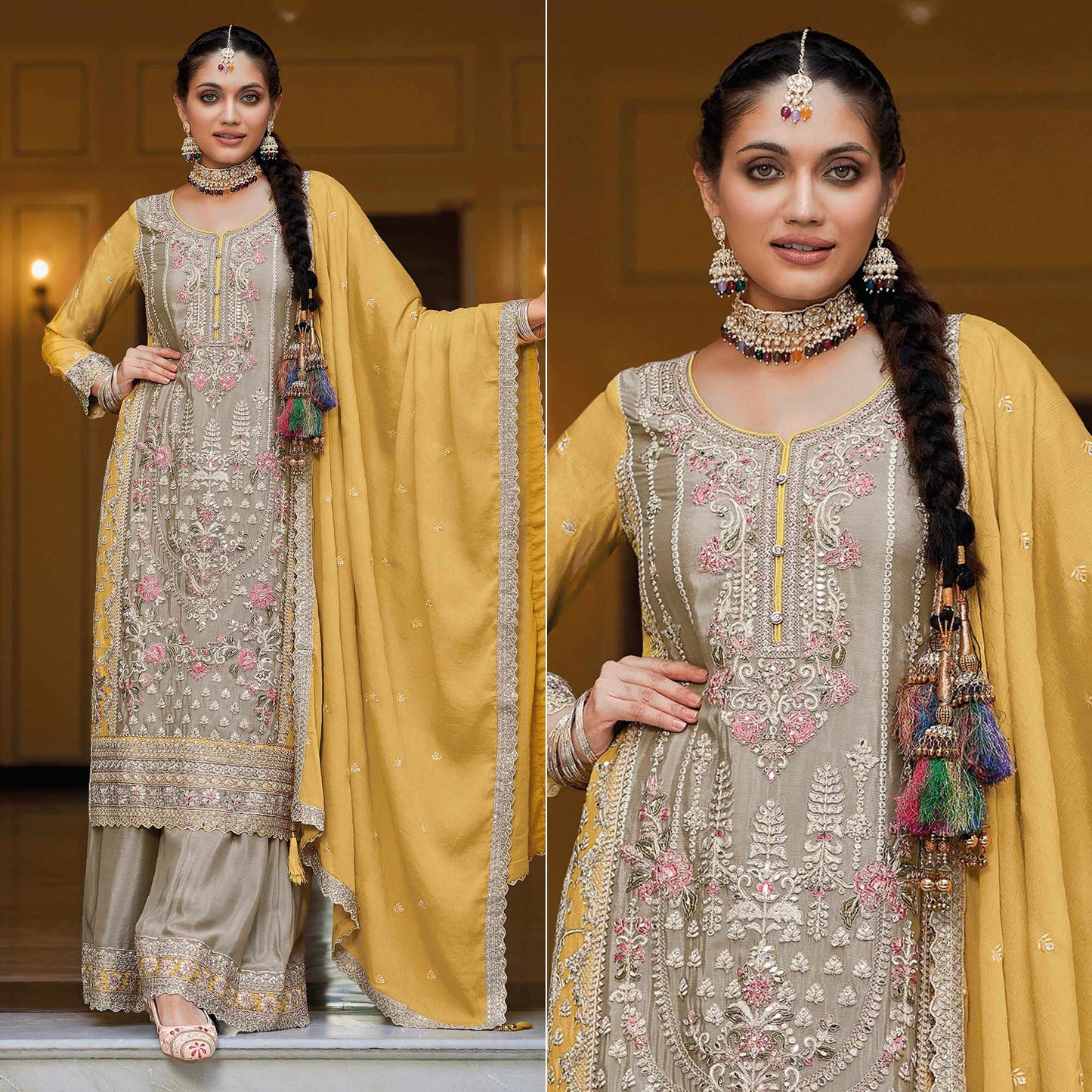 Grey-Yellow Chinon Silk Embroidered Palazzo Salwar Kameez Suit