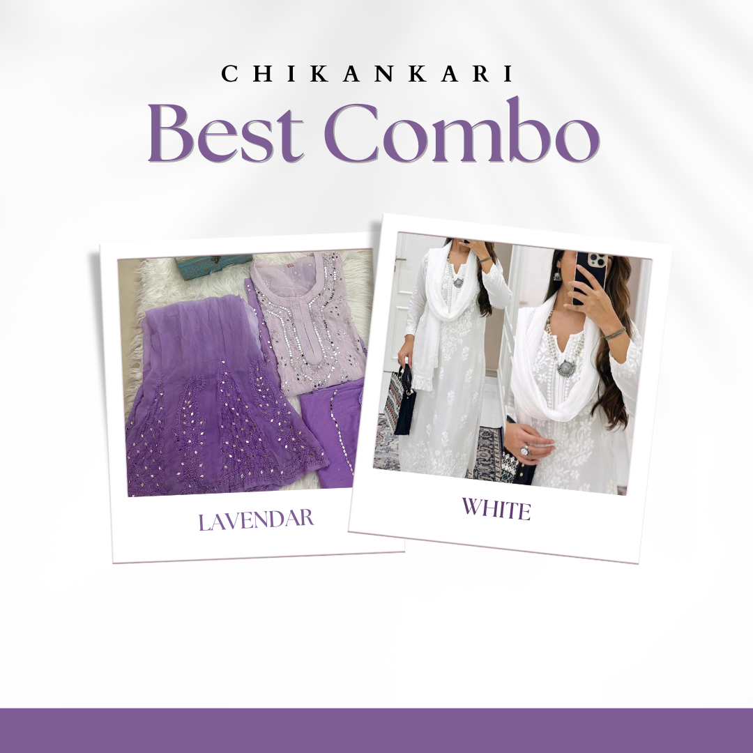 Best Value Combo White Chikankari Set + Lavendar Chikankari Elegance Ombré Mirror Set ( Lavendar / White )