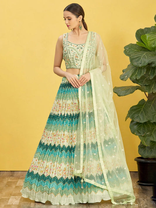 Green multicolor Chinon Wedding Guest Party Wear Lehenga Choli