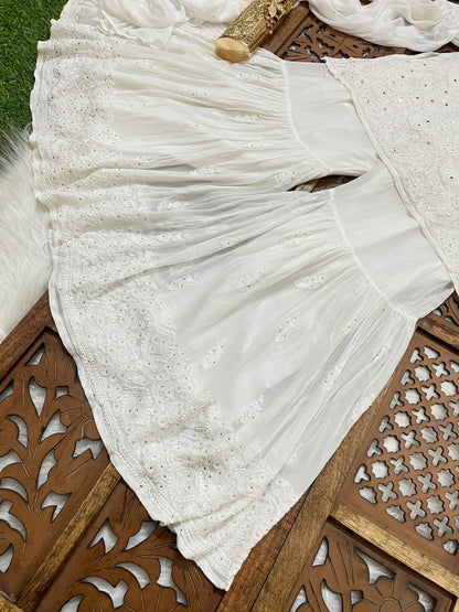 White Handcrafted Lucknow Chikankari Strappy Gharara Set (New)