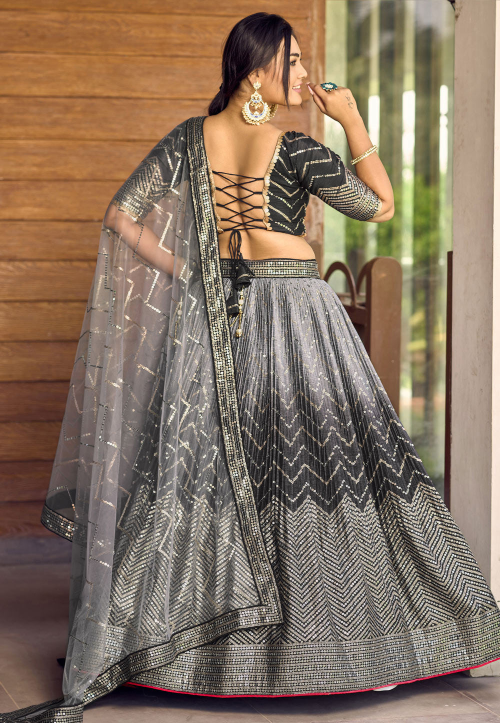 Black Ombre Glitter Sequins Lehenga Choli Set with Embroidered Net Dupatta