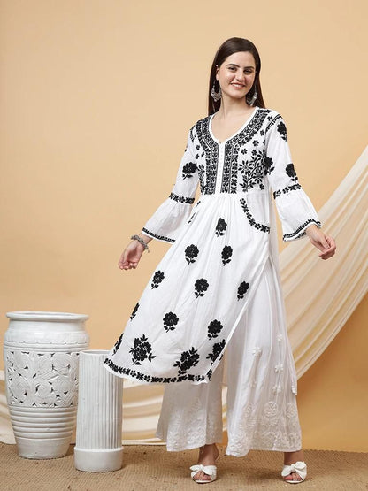 Elegant White & Black Dobby Cotton Bell Sleeves Gown with Chikankari Handwork & Palazzo