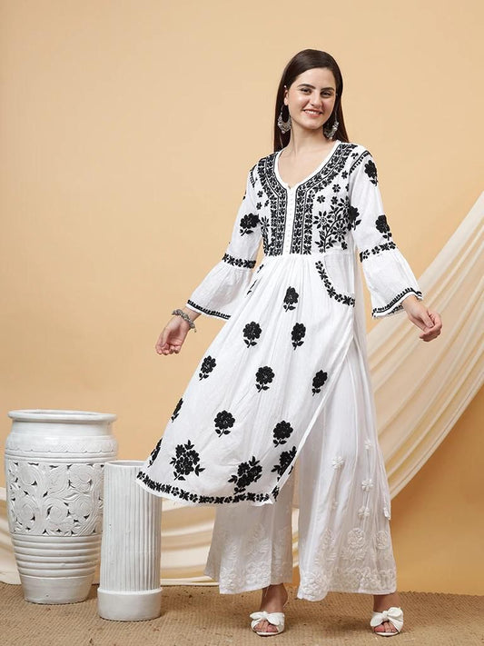 Elegant White & Black Dobby Cotton Bell Sleeves Gown with Chikankari Handwork & Palazzo