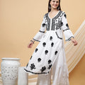 Elegant White & Black Dobby Cotton Bell Sleeves Gown with Chikankari Handwork & Palazzo