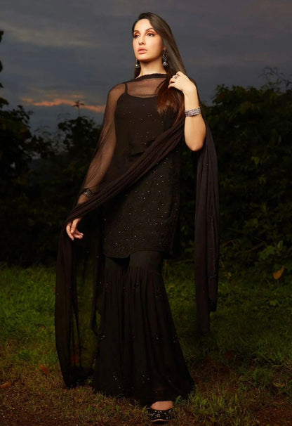 Black Handcrafted Lucknow Chikankari Strappy Gharara Set (New)