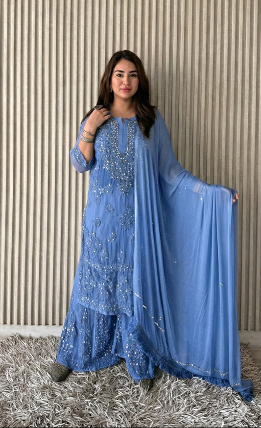 Blue Elegant Chikankari Kurta Sharara Set with Dupatta