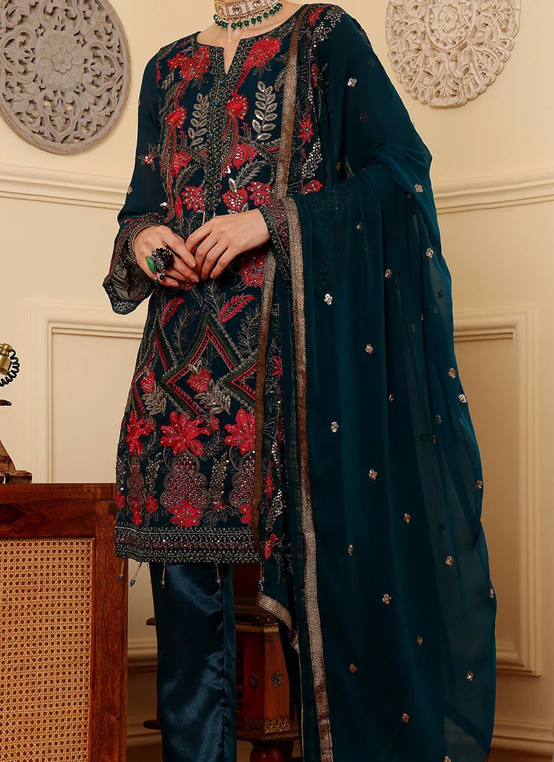 Peacock Blue Pakistani Salwar Suit with Sequins & Zari Work