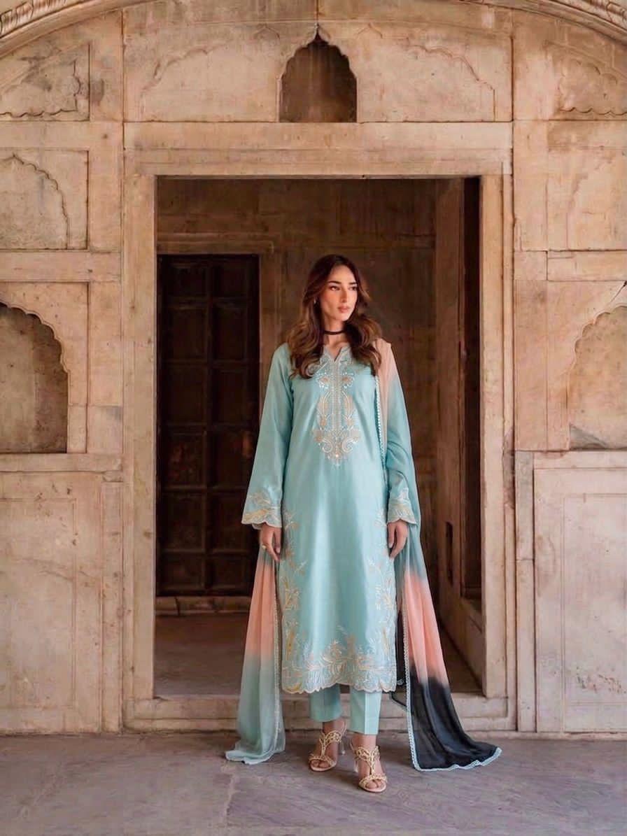Aqua Blue Satin Rayon Embroidered Long Kaftan Set with Shaded Dupatta