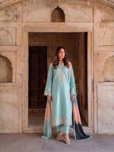 Aqua Blue Satin Rayon Embroidered Long Kaftan Set with Shaded Dupatta