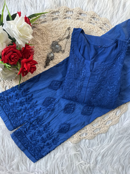 Blue Designer Lucknow Chikankari Collection Cotton Kurti & Pant Set