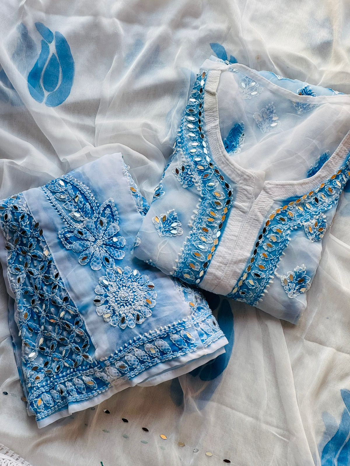 Blue Premium Lucknowi Chikankari Spray Printed Mirror Set with Dupatta