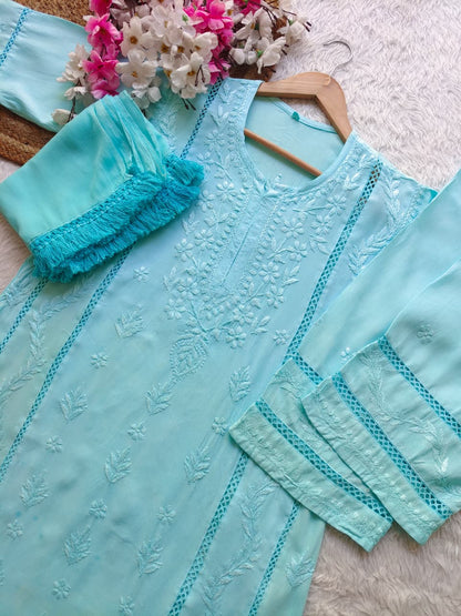 Aqua Blue Aura Luxe: Premium Rayon 3-Piece Lucknowi Chikankari Ensemble