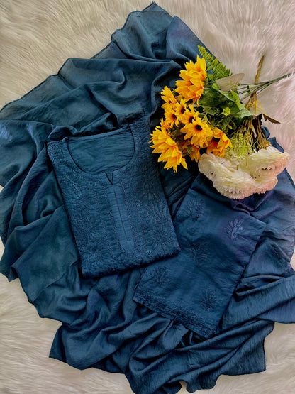 Blue Handcrafted Tone-on-Tone Lucknowi Chikankari Chanderi Silk Set